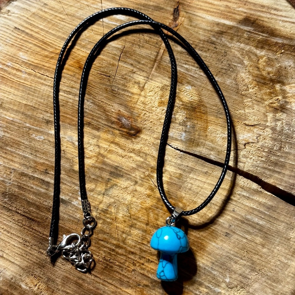 Blue Mushroom Pendant Necklace on Black Cord
